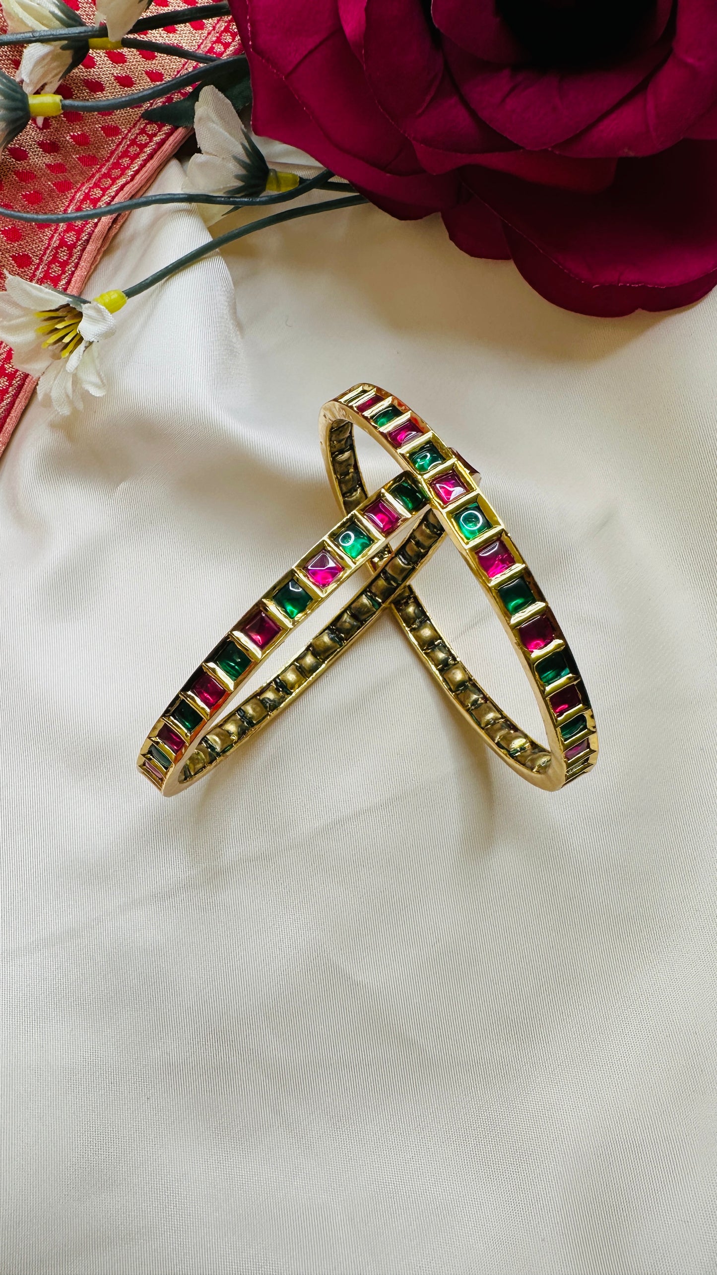 Pachi Kundan Bangles - Green & Ruby - Set of 2