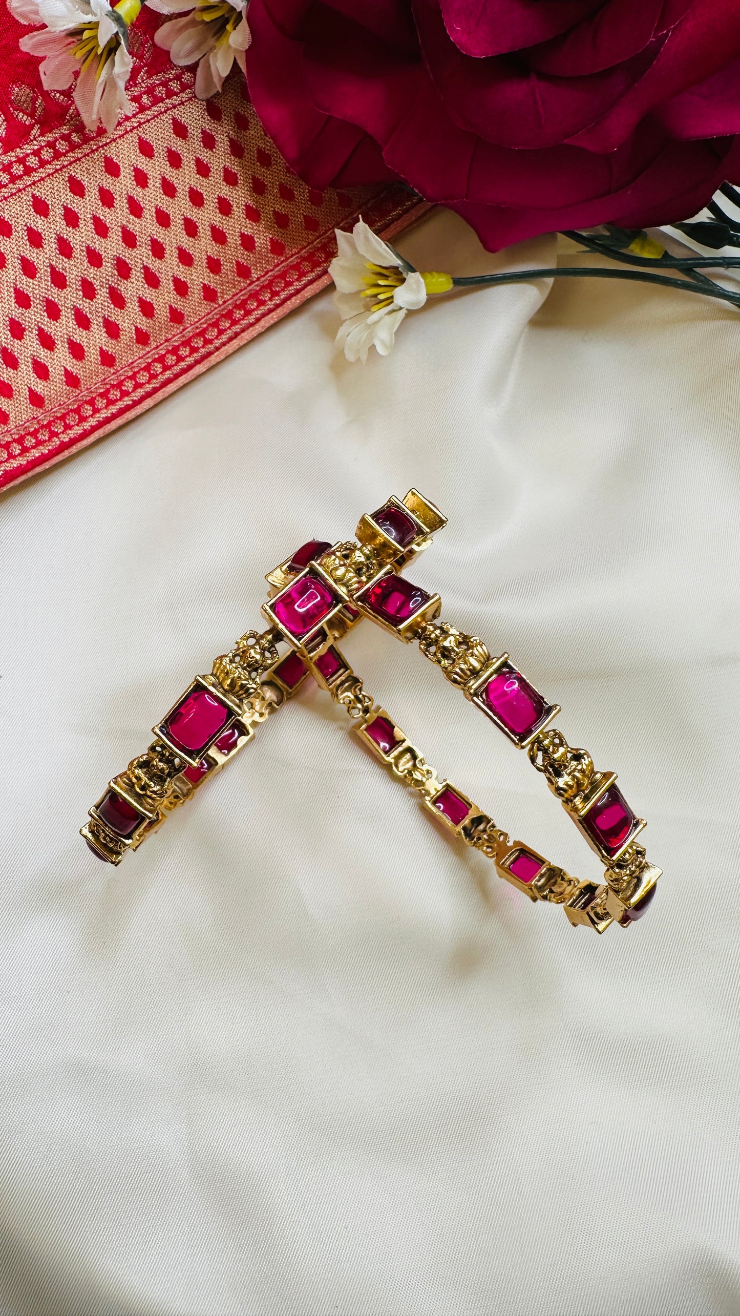 Delicate Ruby Stone Bangles - Set of 2