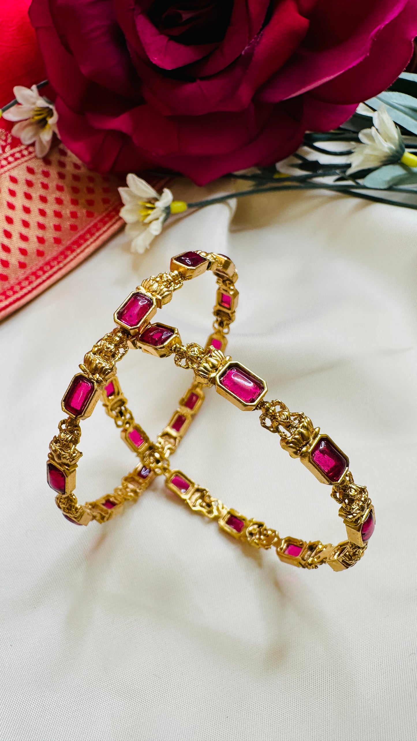 Delicate Ruby Stone Bangles - Set of 2