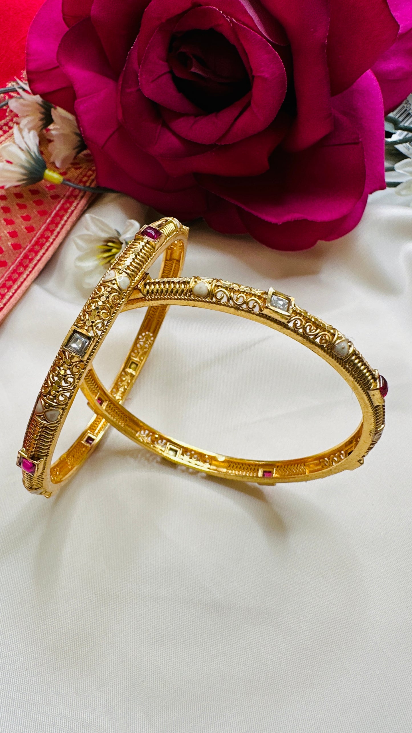 White & Ruby Stone Bangles - Set of 2