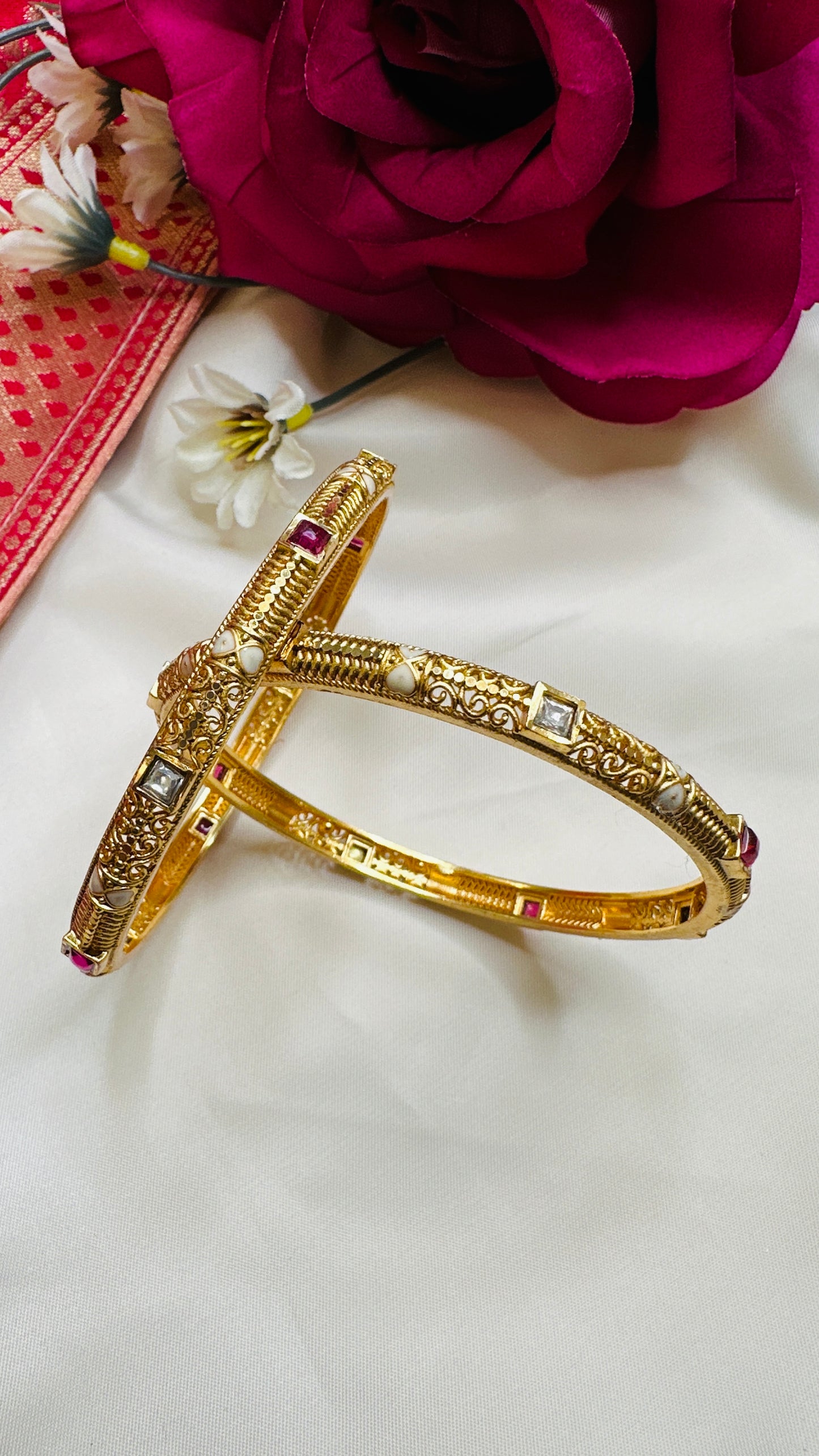 White & Ruby Stone Bangles - Set of 2
