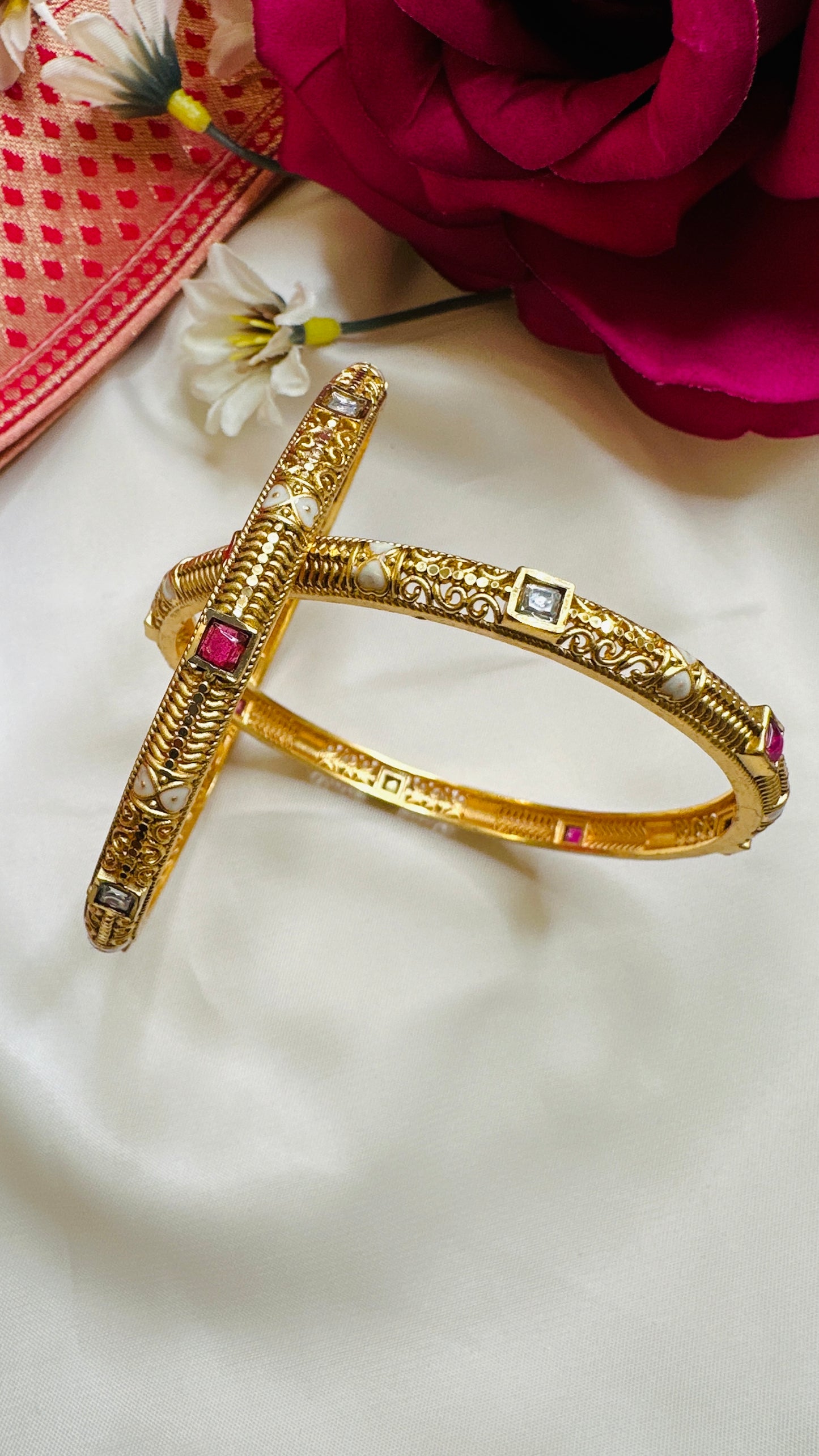 White & Ruby Stone Bangles - Set of 2