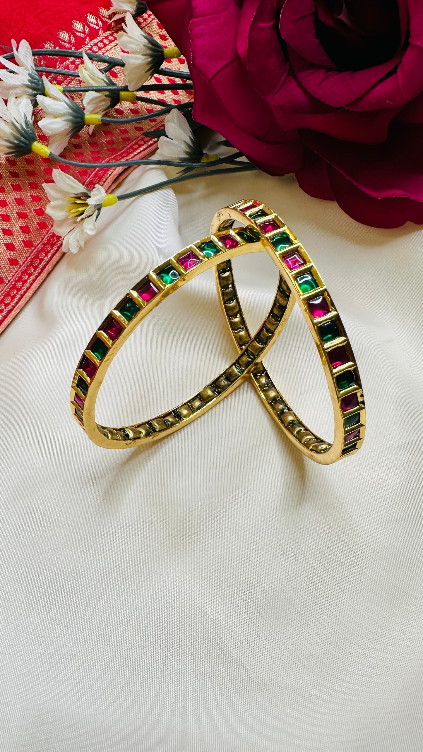 Pachi Kundan Bangles - Green & Ruby - Set of 2