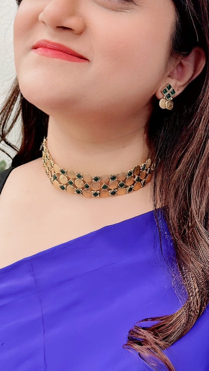 Coin Choker with Dainty Earrings - Green