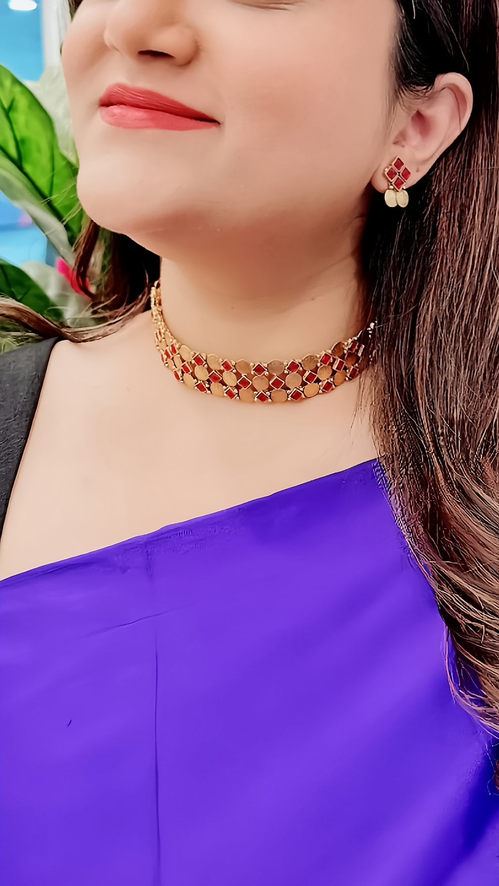 Coin Choker with Dainty Earrings - Red