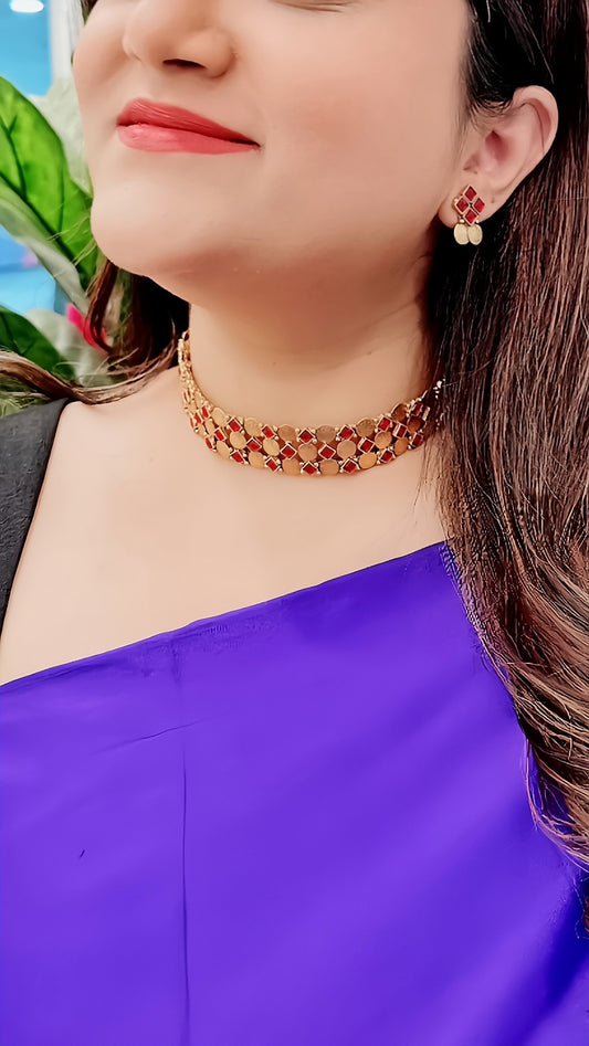 Coin Choker with Dainty Earrings - Red