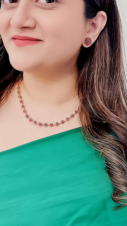 Minimalistic Phool Necklace with Stud Earrings - Ruby