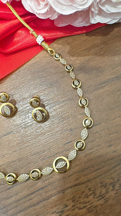 Gold Eye American Diamond Necklace with Stud Earrings