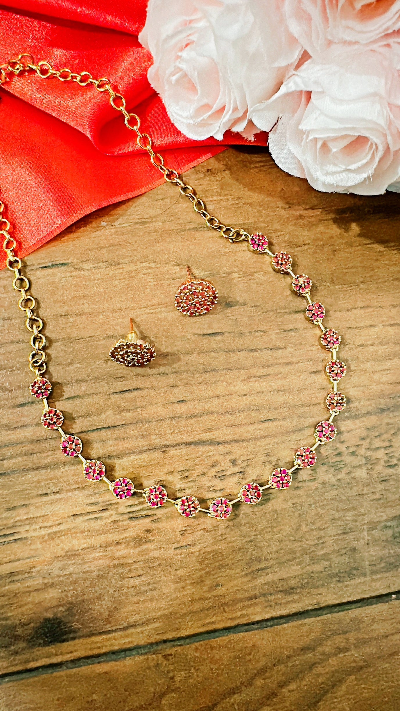 Minimalistic Phool Necklace with Stud Earrings - Ruby