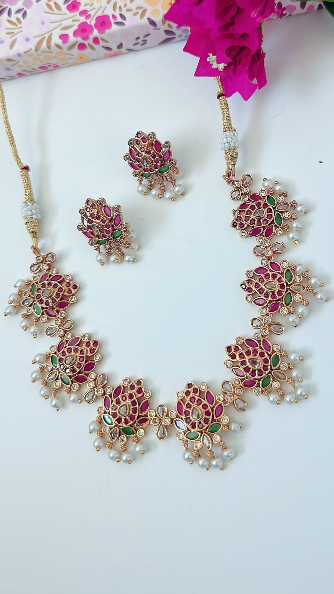 Heritage Lotus - Kamal Temple Necklace with Dainty Earrings