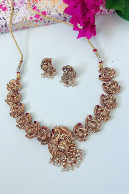 Gold Necklace Set with Peacock Embellishments