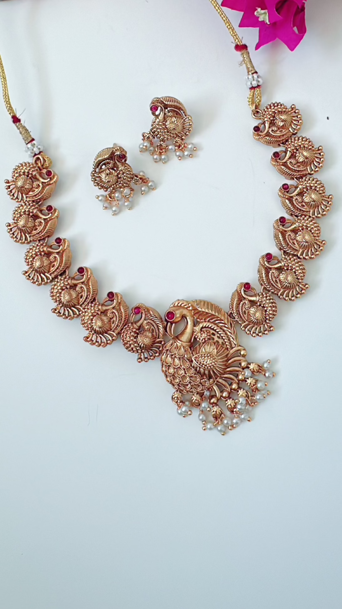 Gold Necklace Set with Peacock Embellishments