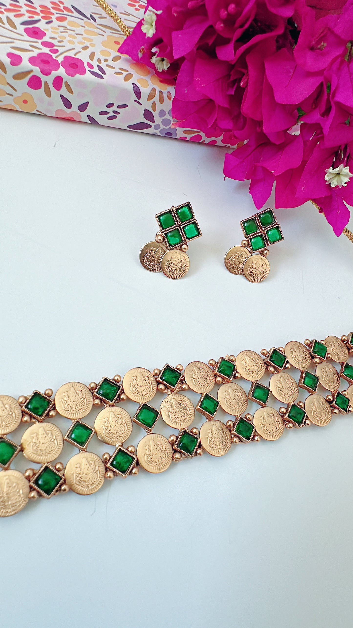 Coin Choker with Dainty Earrings - Green