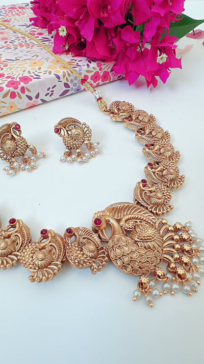 Gold Necklace Set with Peacock Embellishments