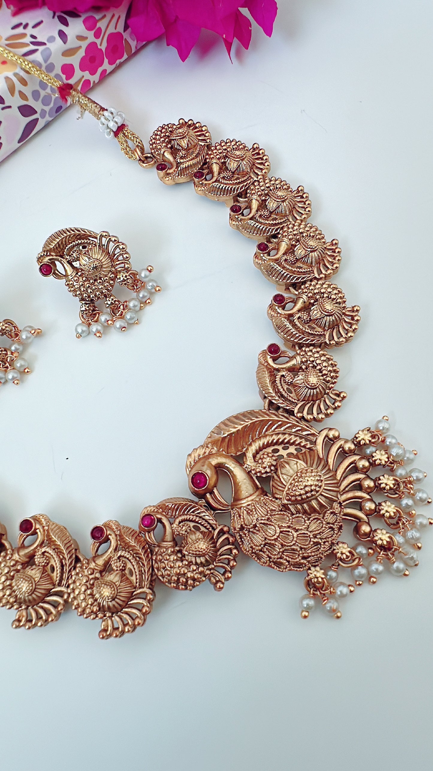 Gold Necklace Set with Peacock Embellishments