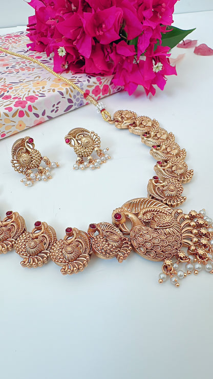 Gold Necklace Set with Peacock Embellishments