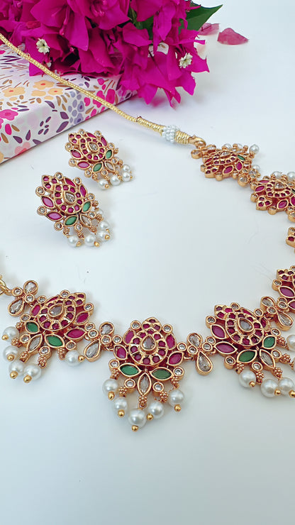 Heritage Lotus - Kamal Temple Necklace with Dainty Earrings