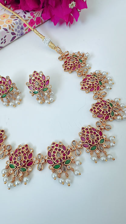 Heritage Lotus - Kamal Temple Necklace with Dainty Earrings