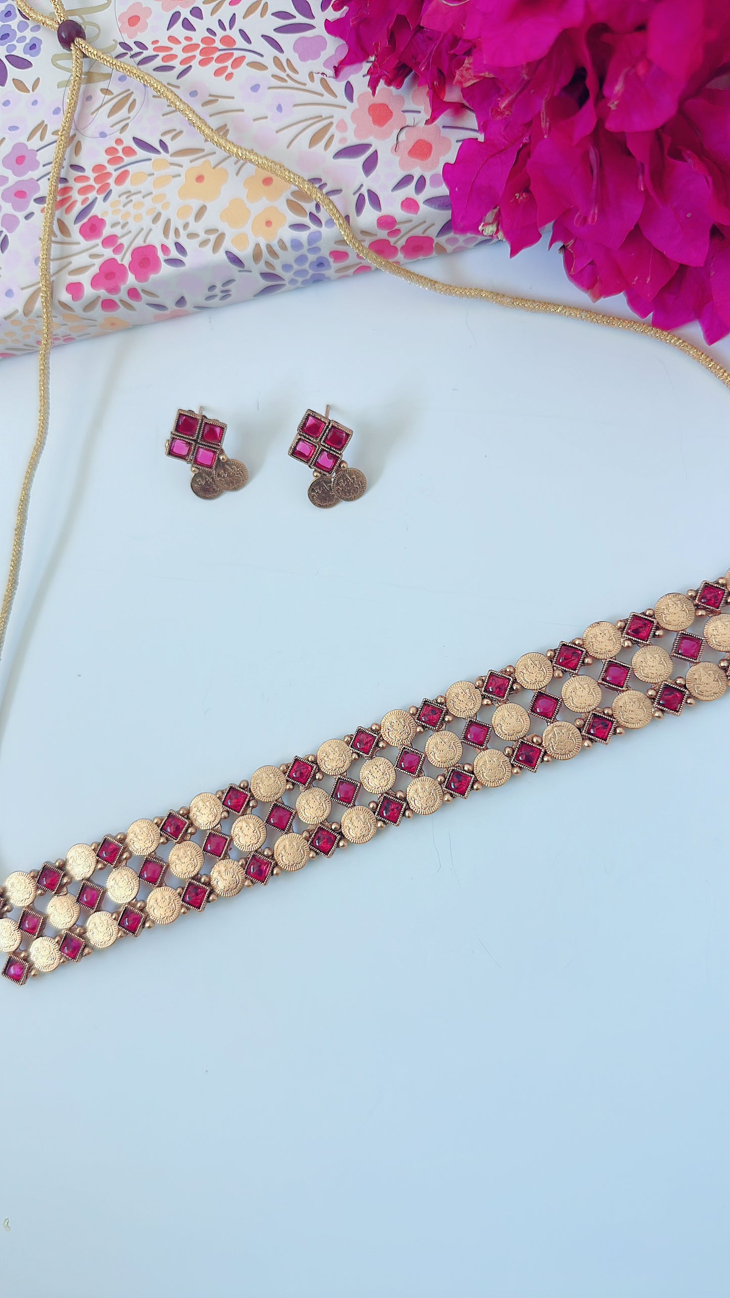 Coin Choker with Dainty Earrings - Red