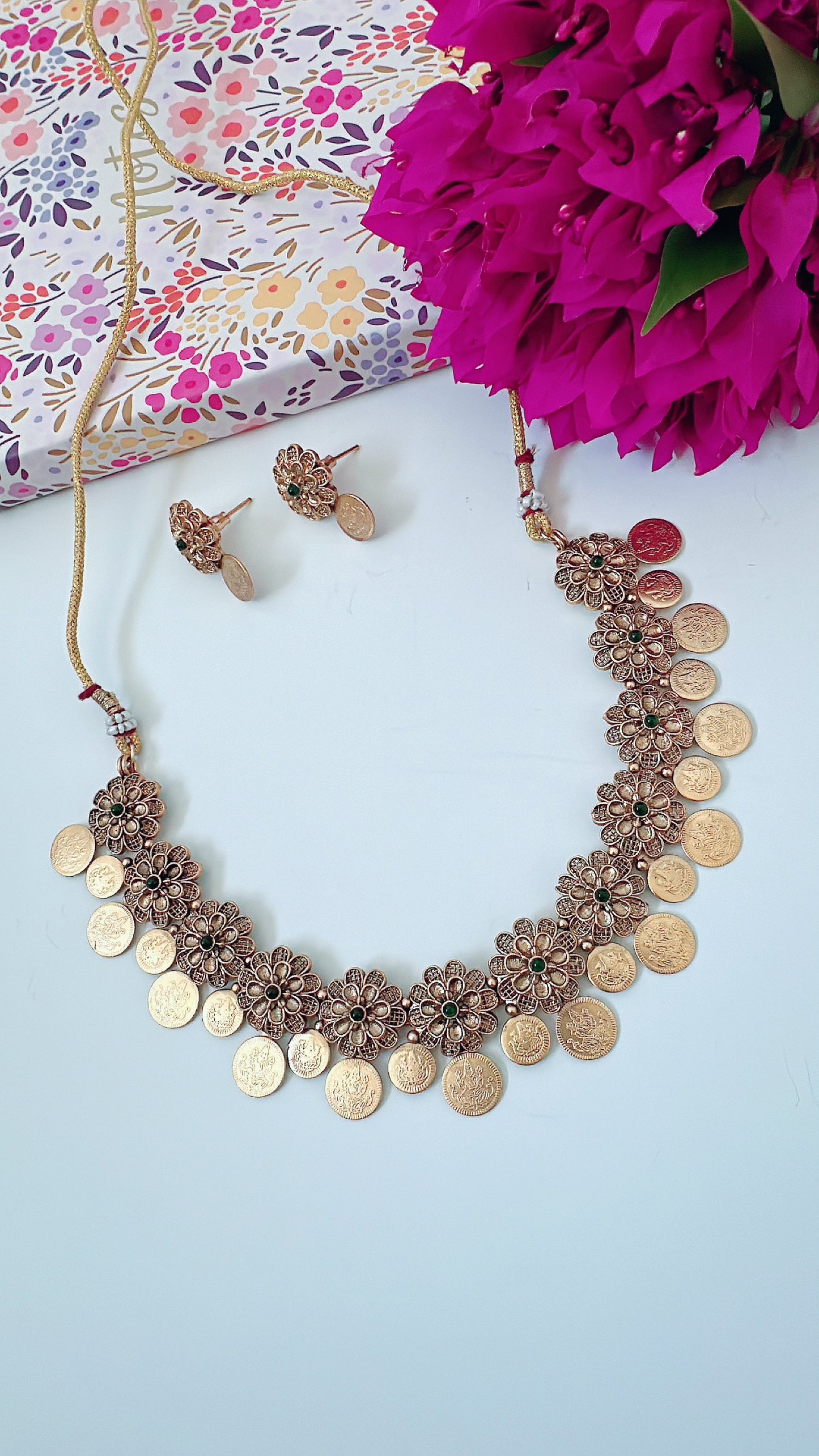 Flower Coin Necklace With Dainty earrings