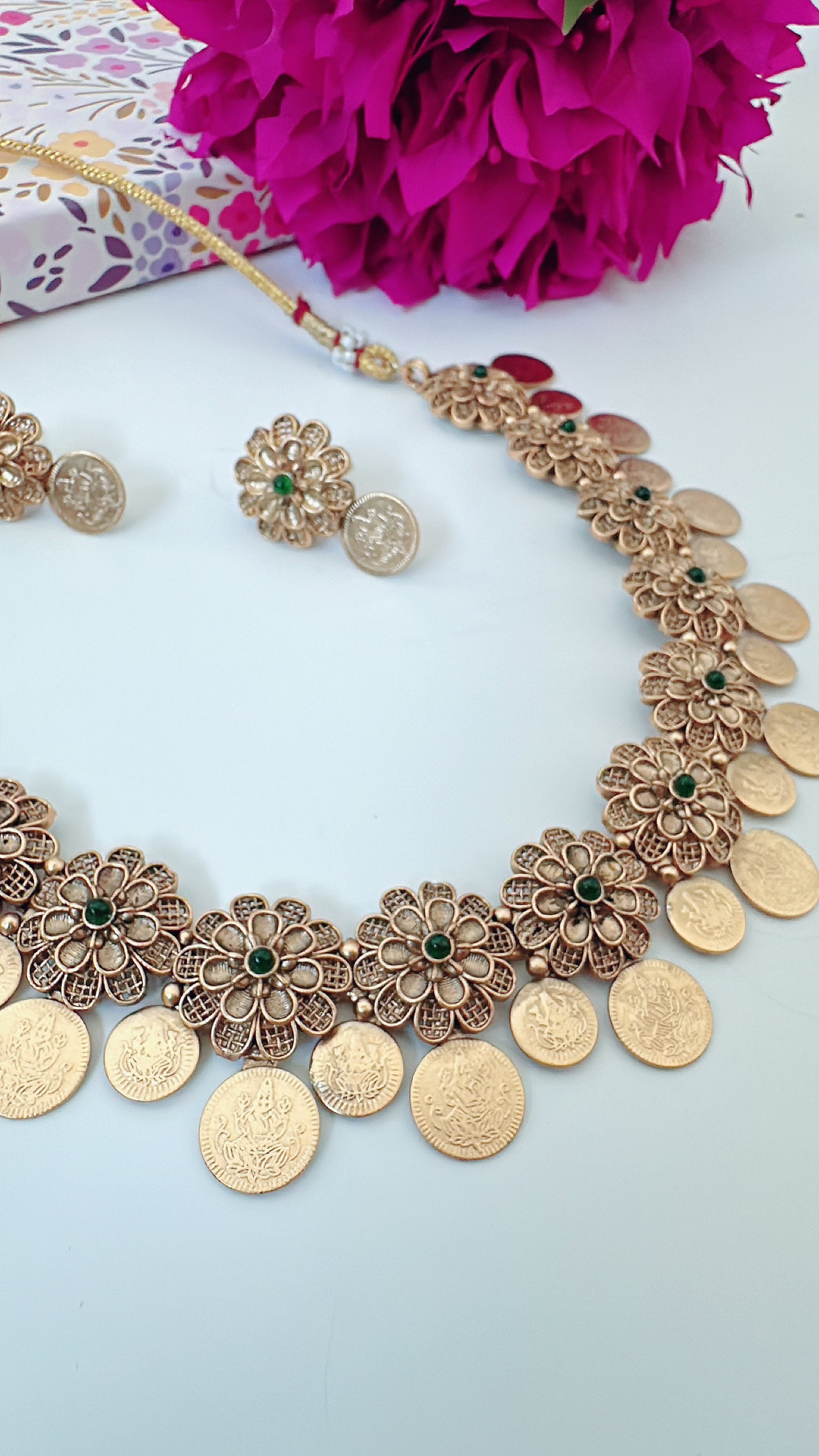 Flower Coin Necklace With Dainty earrings