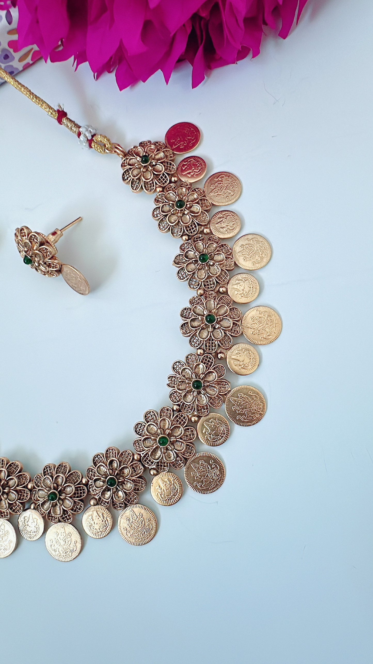 Flower Coin Necklace With Dainty earrings