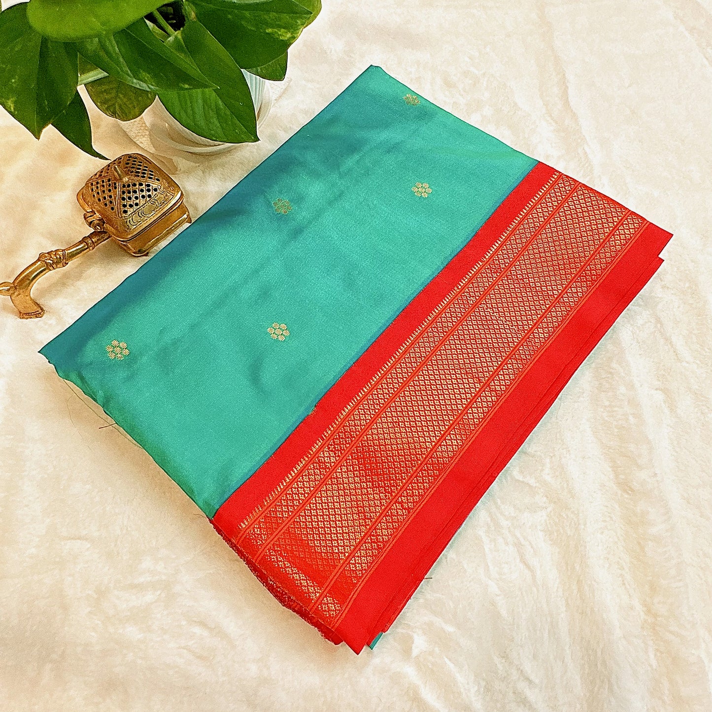 Aqua Dream Fire Red Silk Paithani