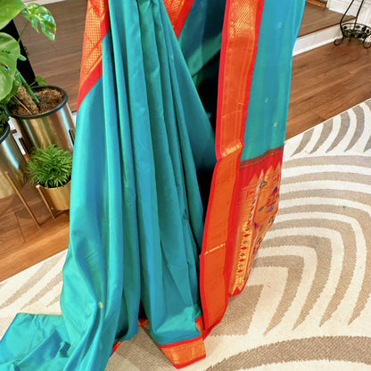 Aqua Dream Fire Red Silk Paithani