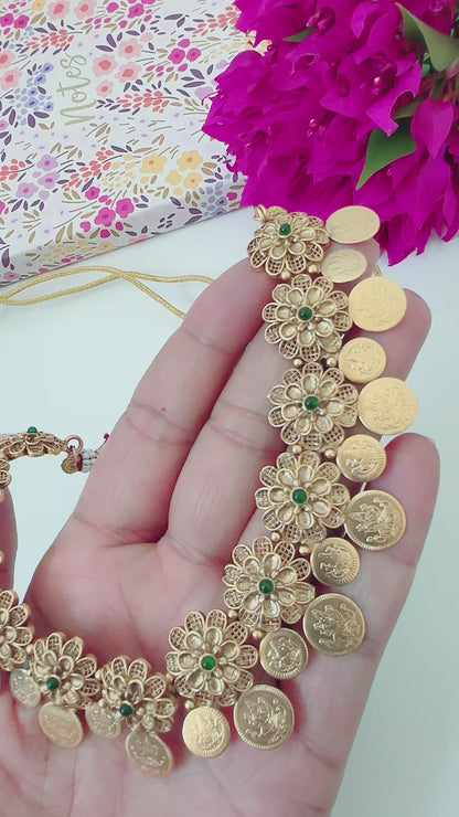 Flower Coin Necklace With Dainty earrings