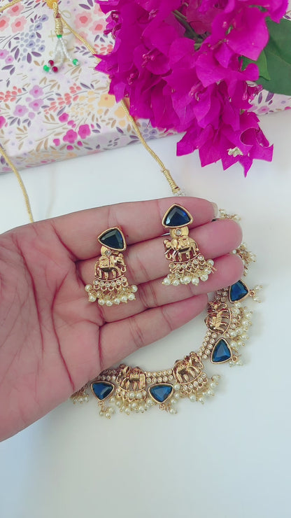 Elephant Gemstone Necklace with Earrings - Blue