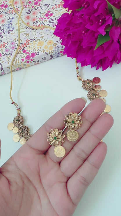 Flower Coin Necklace With Dainty earrings