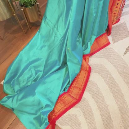 Aqua Dream Fire Red Silk Paithani