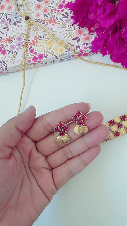 Coin Choker with Dainty Earrings - Red