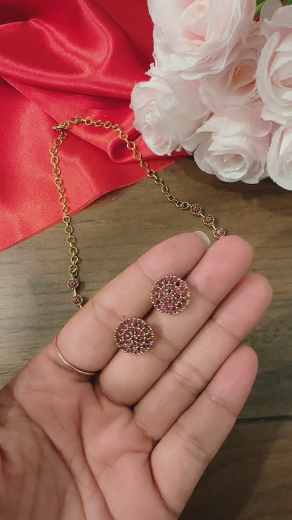 Minimalistic Phool Necklace with Stud Earrings - Ruby